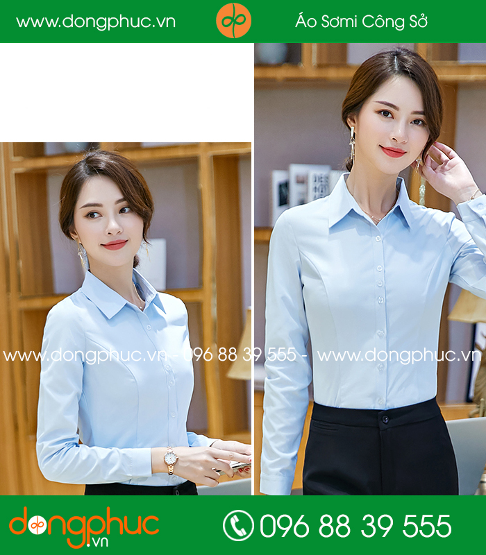 Đồng phục áo sơ mi màu xanh dương quần đen